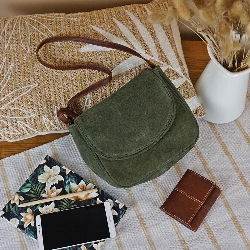 Leconi kleine Umhängetasche Ledertasche Damentasche Schultertasche Veloursleder grün LE3047 50% Rabatt mit kostenlosem Versand
