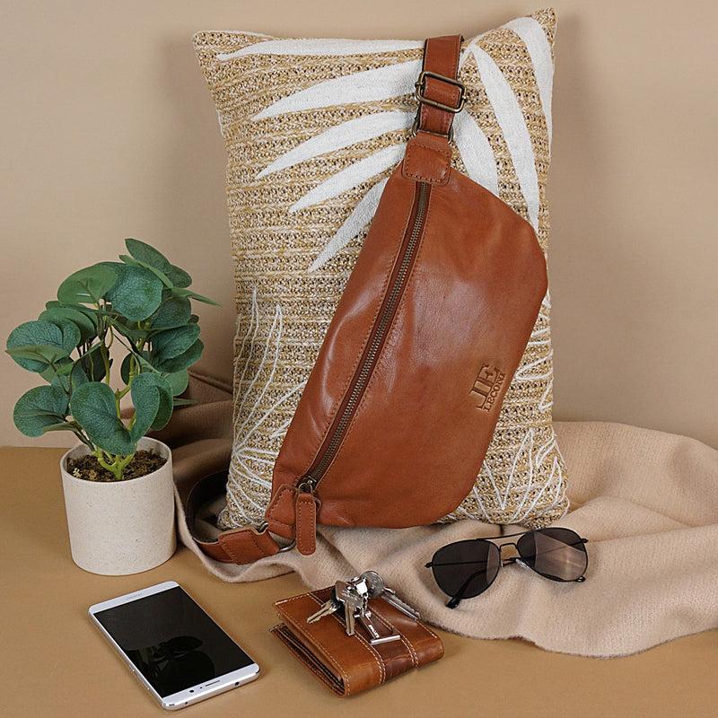 Leconi große Bauchtasche Umhängetasche Crossbody Ledertasche Leder cognac LE3087 Limitierter Zeitrabatt