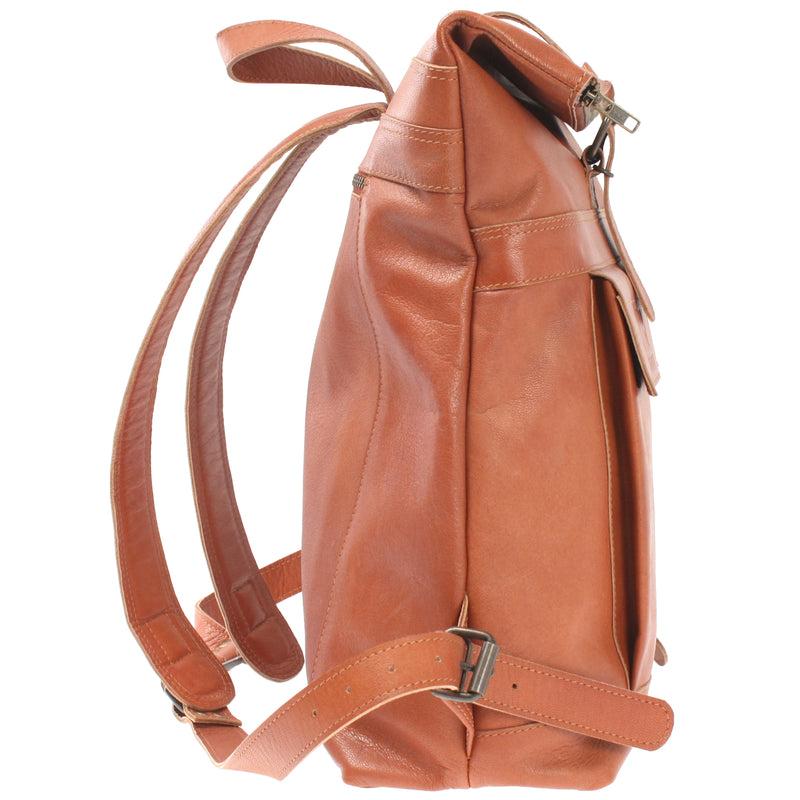Leconi Roll Top Rucksack Lederrucksack Freizeitrucksack Damen Herren Leder cognac LE1025 Fabrikpreis