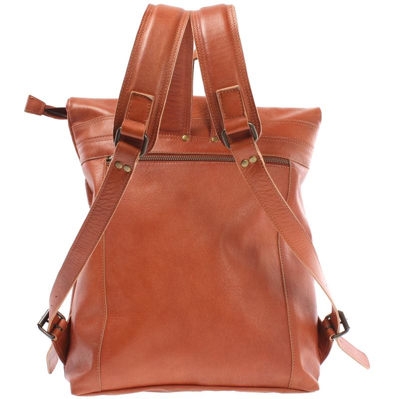Leconi Roll Top Rucksack Lederrucksack Freizeitrucksack Damen Herren Leder cognac LE1025 Fabrikpreis