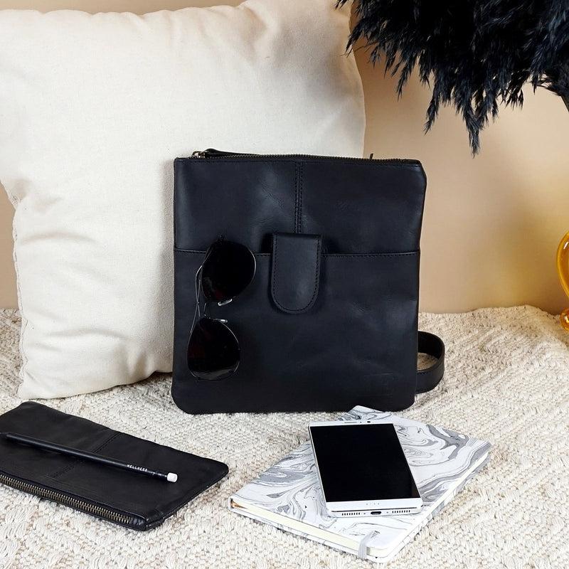 Leconi kleine Umhängetasche Damentasche Herrentasche Ledertasche schwarz LE3060 Rabatt