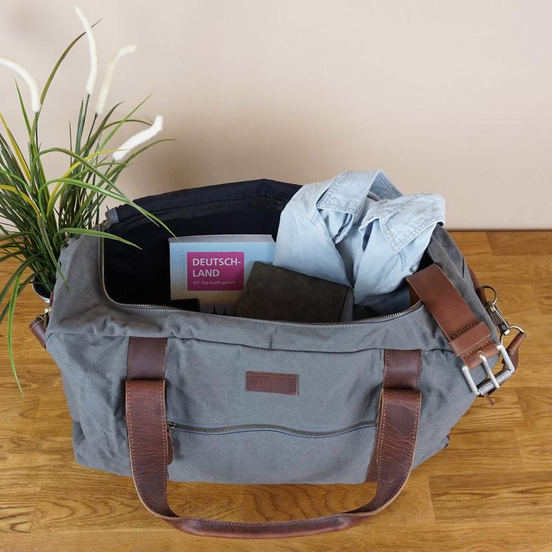 Leconi Weekender Sporttasche Reisetasche Damen Herren Leder Canvas grau LE2014 Versandkostenfrei