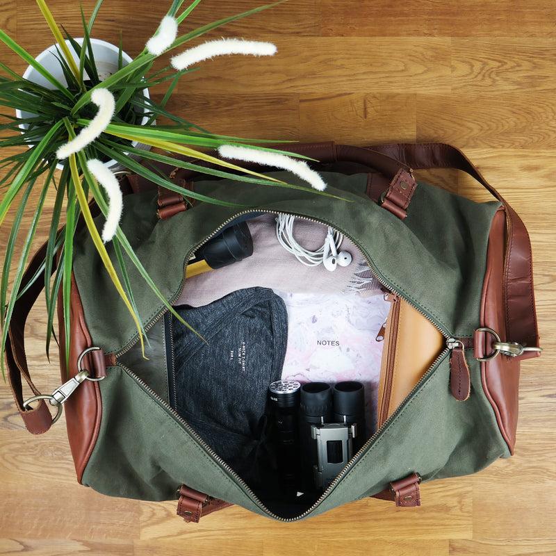 Leconi Weekender Reisetasche Sporttasche vintage Leder Canvas grün LE2004 Begrenztes Angebot
