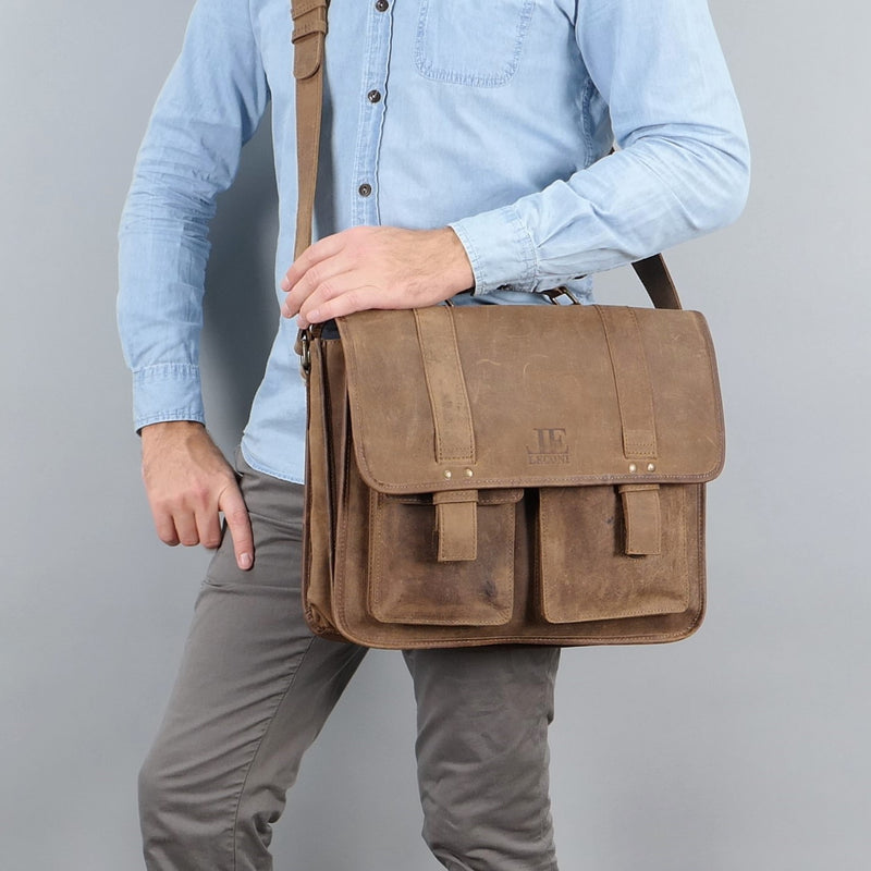 Leconi große Aktentasche Lehrertasche Businesstasche Leder vintage braun LE3030 Preisnachlass