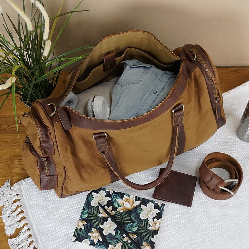 Leconi Reisetasche Weekender Sporttasche Leder Canvas cognac LE2017 Osterangebot