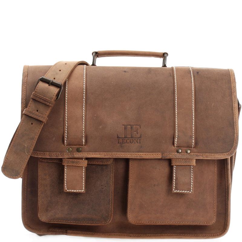 Leconi große Aktentasche Lehrertasche DIN A4 Leder braun LE3030