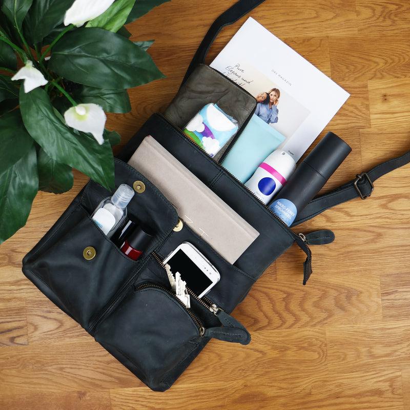 Leconi Umhängetasche Schultertasche Damen Herren Used Look Leder grau LE3011 Online Outlet