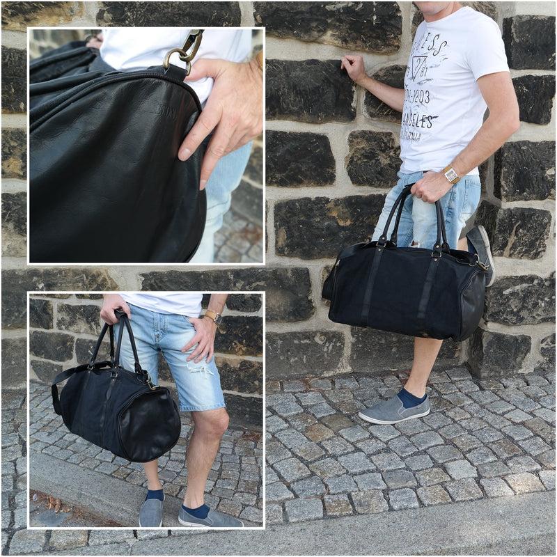Leconi Weekender Reisetasche Sporttasche vintage Leder Canvas schwarz LE2004 Exklusive Angebote