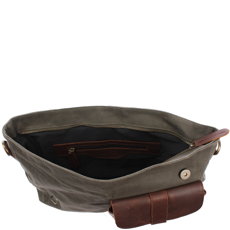 Leconi Messenger Bag Kuriertasche DIN A4 Leder Canvas grün LE3032 Blitzangebot