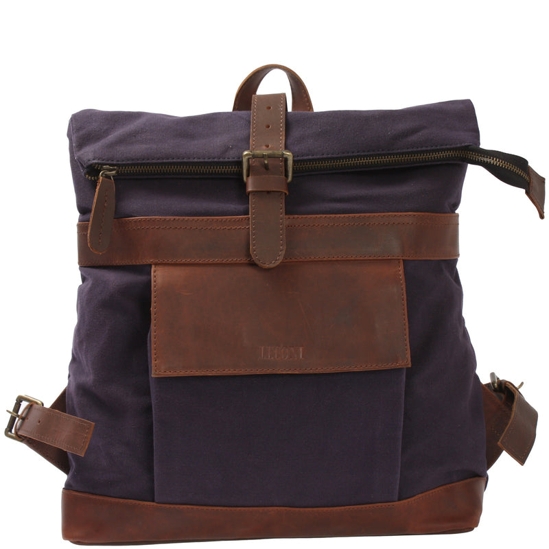 Leconi Roll Top Rucksack Freizeitrucksack Damen Herren Canvas Leder navy LE1035