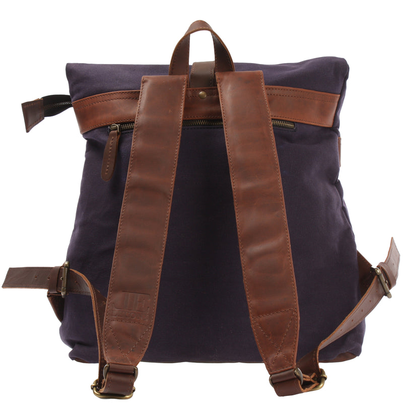 Leconi Roll Top Rucksack Freizeitrucksack Damen Herren Canvas Leder navy LE1035 Große Rabatte
