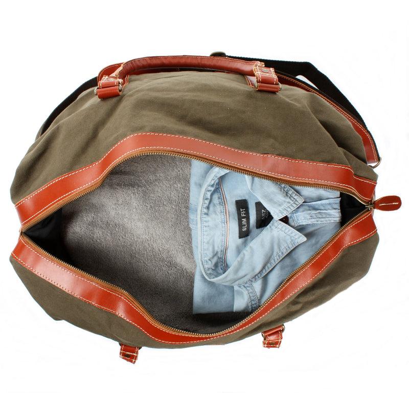 Leconi Reisetasche Weekender Handgepäck Leder Canvas grün LE2010 Neuheiten