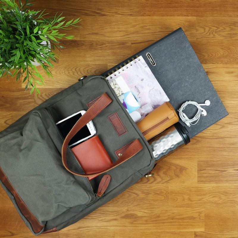 Leconi Rucksack Umhängetasche Damen Herren Leder Canvas grau LE1014 Bestseller
