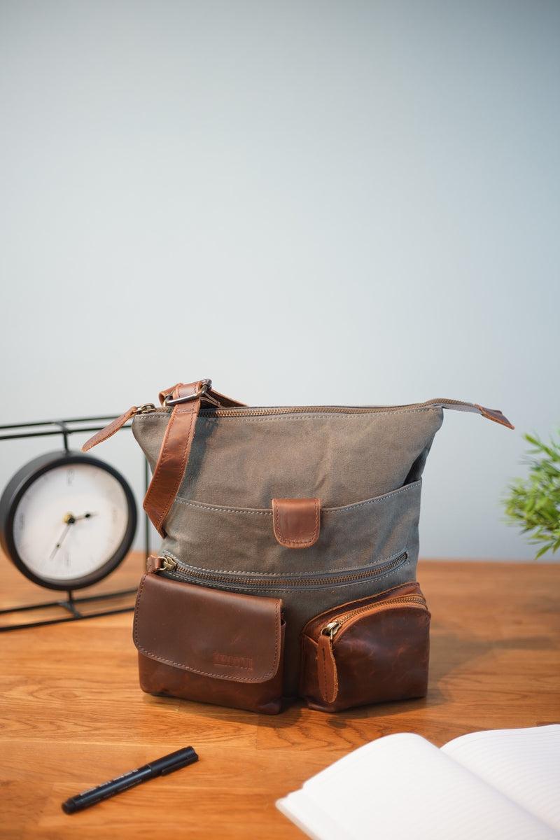 Leconi Umhängetasche Schultertasche Damen Herren Used Look Leder Canvas grau LE3011 Letzte 2 Tage