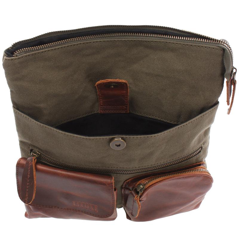 Leconi Umhängetasche Schultertasche Damen Herren Used Look Leder Canvas grün LE3011 Letzter Tag