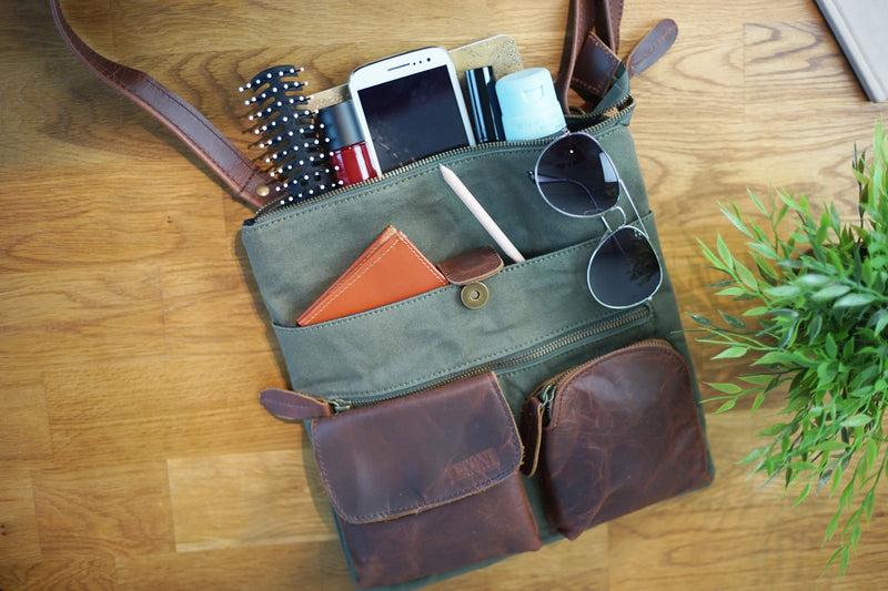 Leconi Umhängetasche Schultertasche Damen Herren Used Look Leder Canvas grün LE3011 Letzter Tag