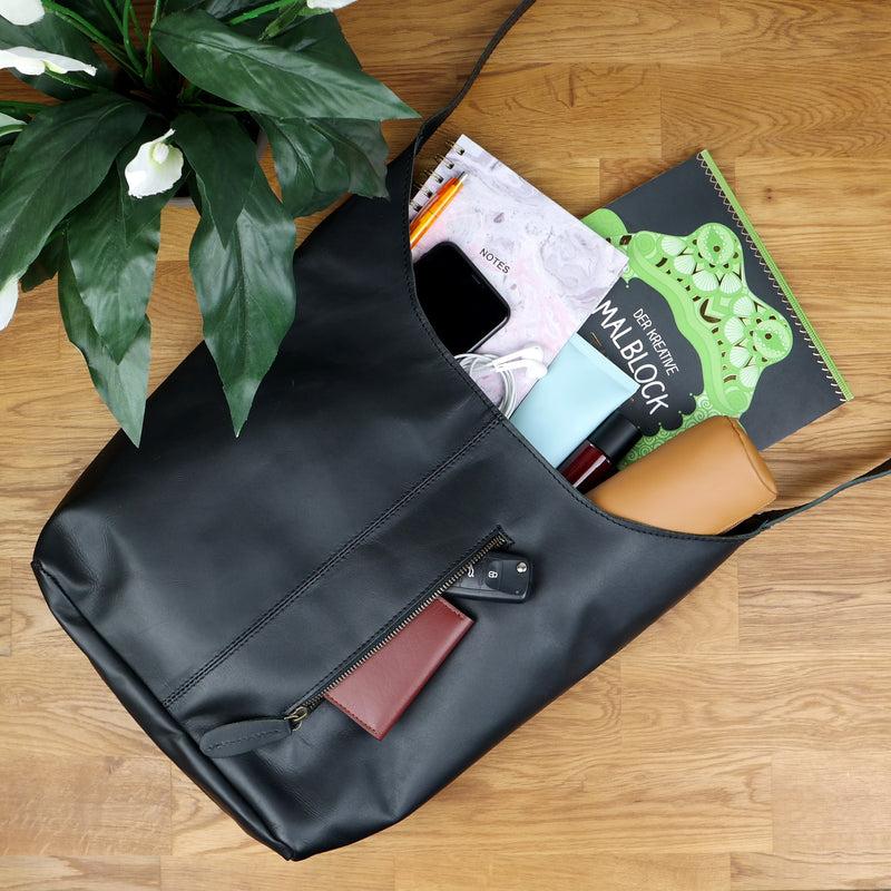 Leconi große Umhängetasche Schultertasche Beuteltasche Damentasche Leder schwarz LE0055 Sonderangebot der Fabrik