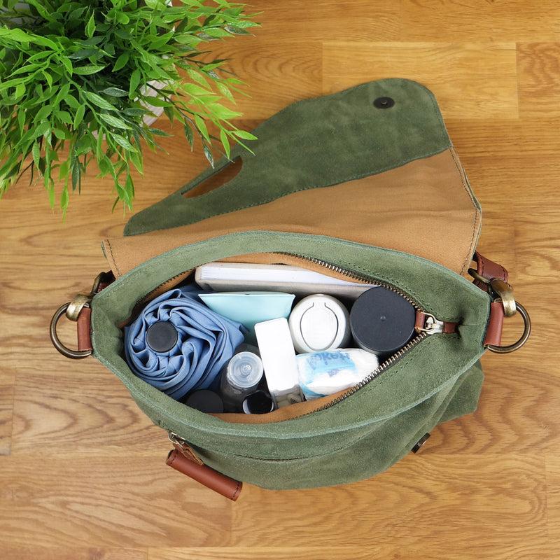 Leconi Umhängetasche Ledertasche Damen Schultertasche Wildleder grün LE3027 Vierteljährliche Förderung