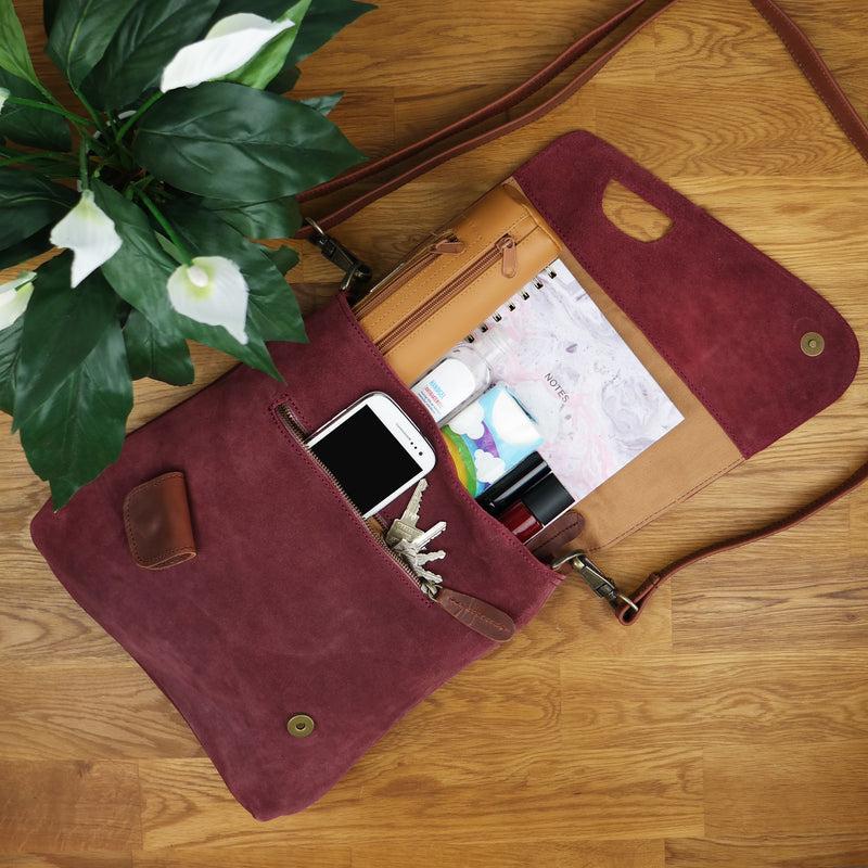 Leconi Umhängetasche Ledertasche Damen Schultertasche Wildleder bordeaux LE3027 Super Rabatt