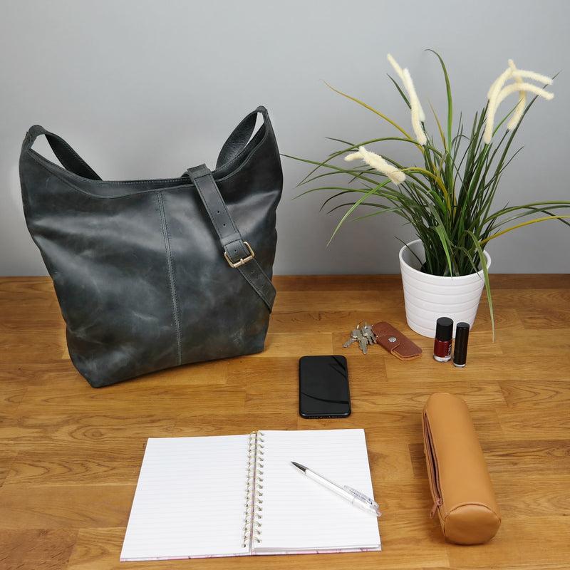 Leconi große Umhängetasche Schultertasche Beuteltasche Damentasche Leder grau LE0055 Clearance-Verkauf