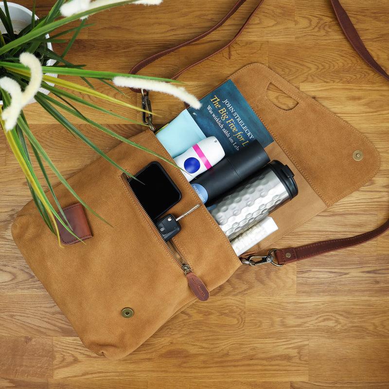 Leconi Umhängetasche Ledertasche Damen Schultertasche Wildleder cognac LE3027 Kostenloser Versand international