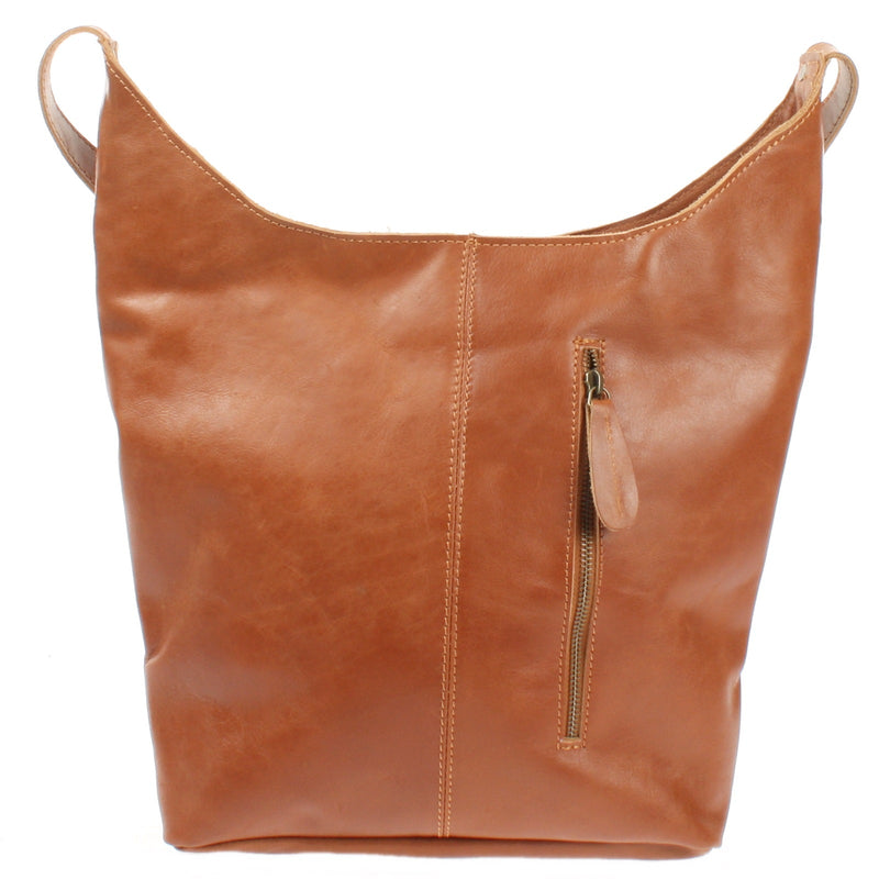 Leconi große Umhängetasche Schultertasche Beuteltasche Damentasche Leder cognac LE0055 Fabrikladen