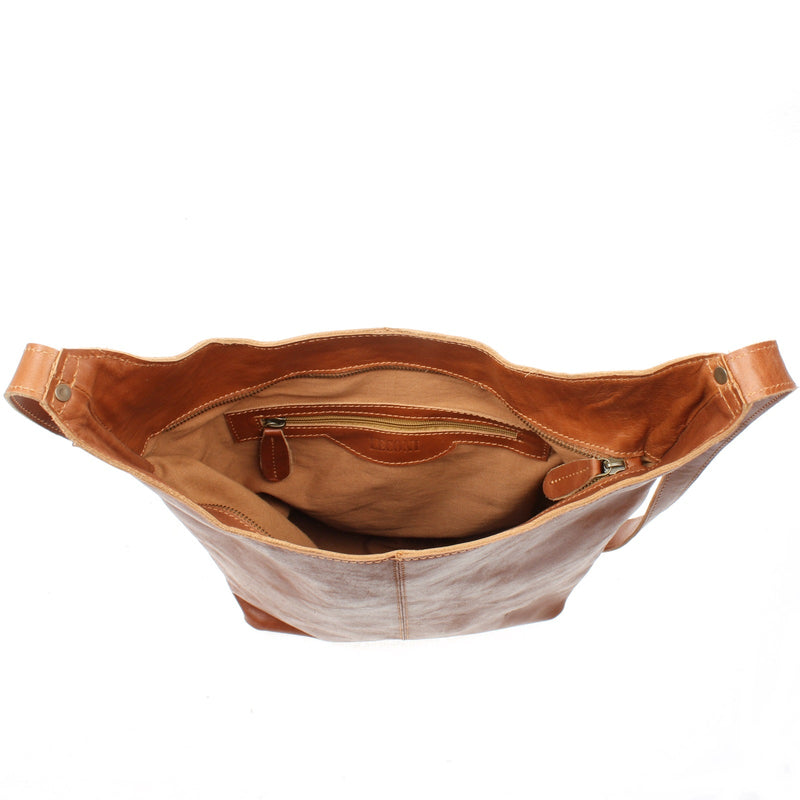 Leconi große Umhängetasche Schultertasche Beuteltasche Damentasche Leder cognac LE0055 Fabrikladen