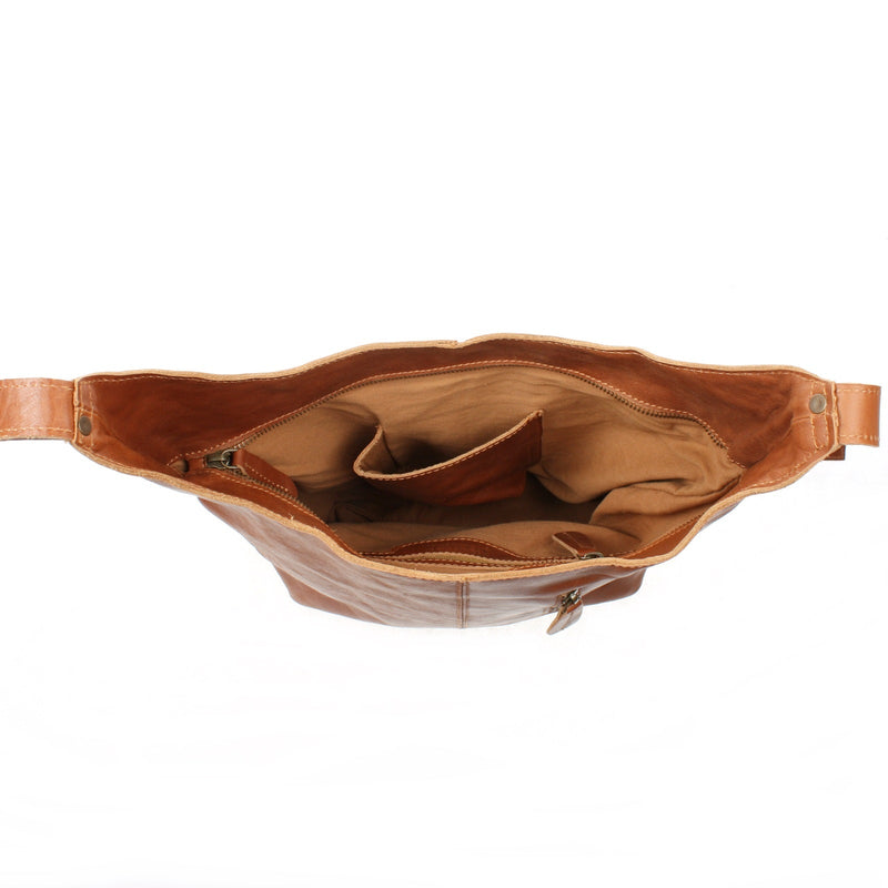 Leconi große Umhängetasche Schultertasche Beuteltasche Damentasche Leder cognac LE0055 Fabrikladen