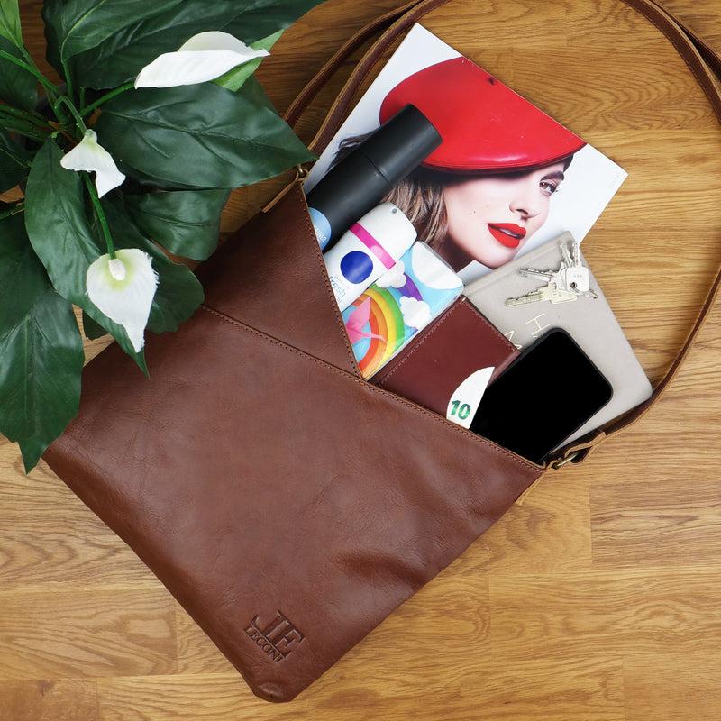 Leconi Schultertasche Umhängetasche Handtasche Leder braun LE0065 Begrenzt auf 3 Tage