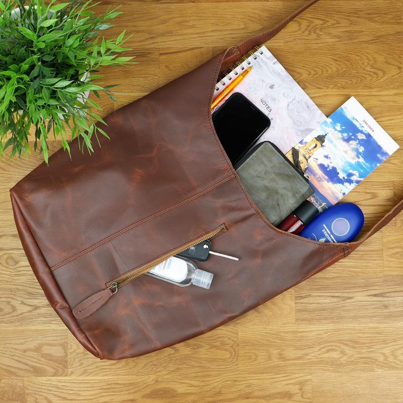 Leconi große Umhängetasche Schultertasche Beuteltasche Damentasche Leder braun LE0055 zollfrei