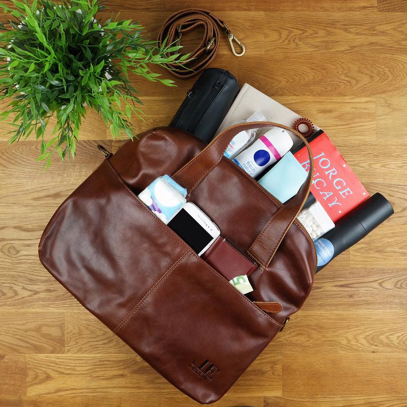 Leconi Schultertasche Henkeltasche Shopper Handtasche Damen Leder braun LE0059 Auslauf