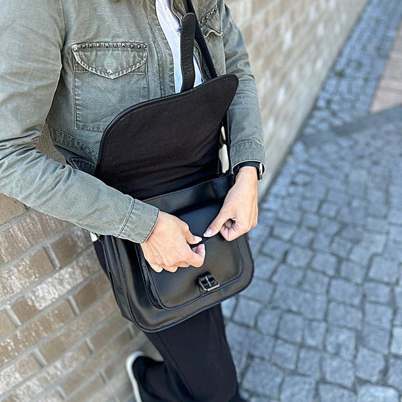 Leconi Umhängetasche Schultertasche Freizeittasche Büffelleder schwarz LE3085 Günstiger Verkauf