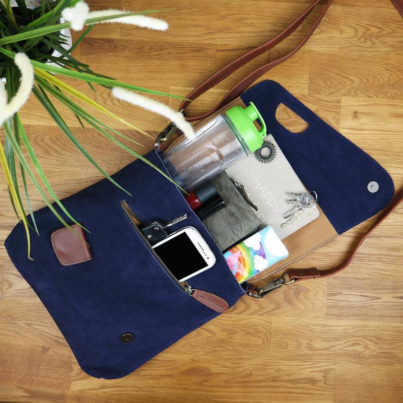 Leconi Umhängetasche Ledertasche Damen Schultertasche Wildleder navy LE3027 Fabrikverkauf