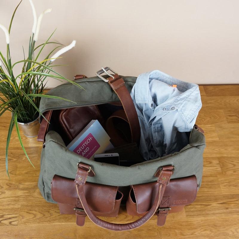 Leconi Weekender Handgepäck Reisetasche Canvas Leder grün LE2012 Großer Ausverkauf
