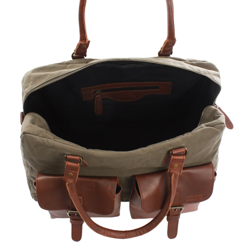 Leconi Weekender Handgepäck Reisetasche Canvas Leder grün LE2012 Großer Ausverkauf