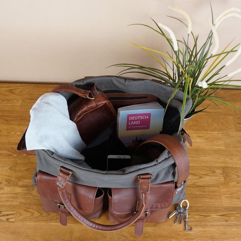 Leconi Reisetasche Weekender Handgepäck Canvas Leder grau LE2012 Flash Sale