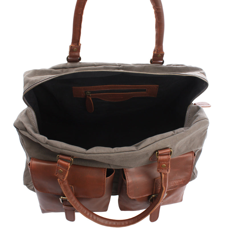 Leconi Reisetasche Weekender Handgepäck Canvas Leder grau LE2012 Flash Sale