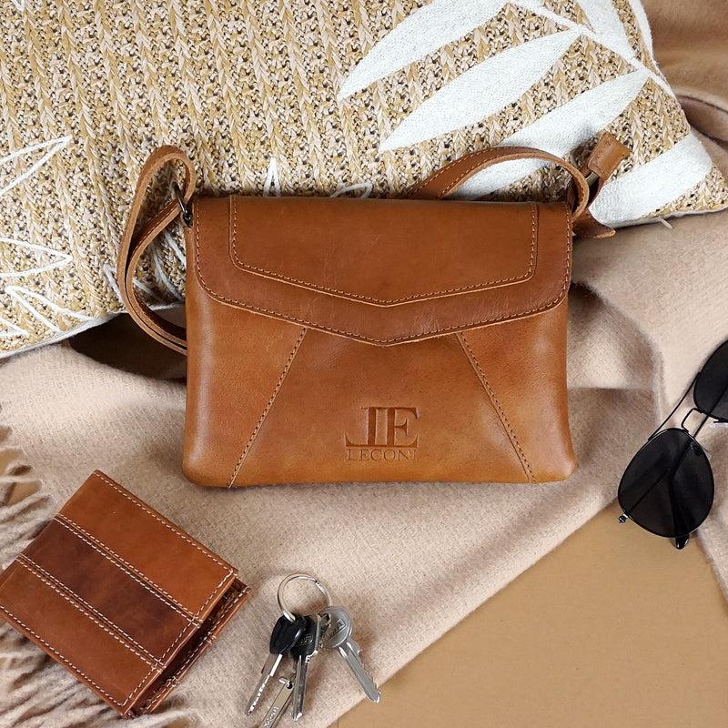 Leconi kleine Umhängetasche Ledertasche Damentasche Schultertasche Leder cognac LE3078 Top Angebot