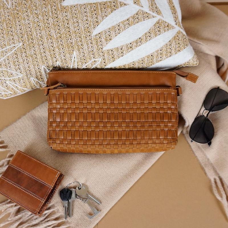 Leconi kleine Umhängetasche Schultertasche Damentasche Clutch Leder cognac LE3081 Neueste Mode