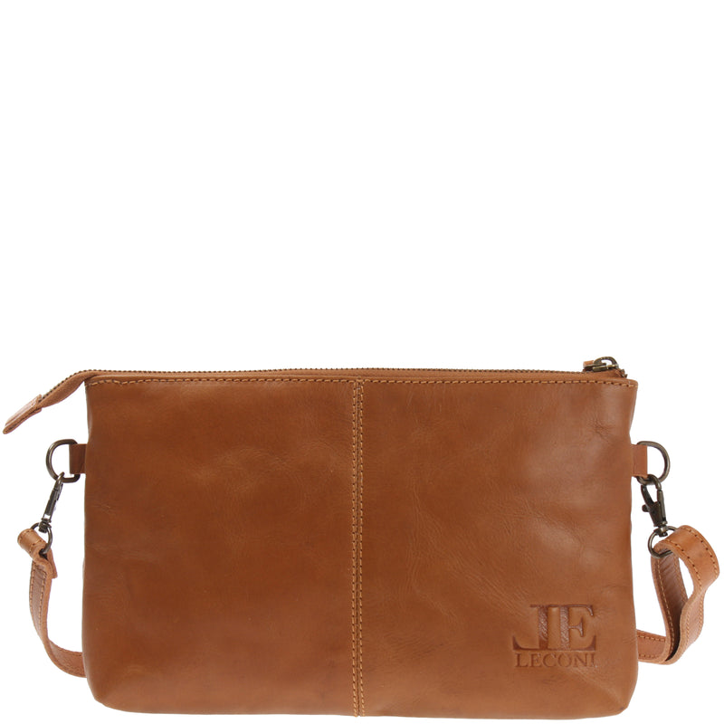 Leconi kleine Umhängetasche Schultertasche Damentasche Clutch Leder cognac LE3081 Neueste Mode