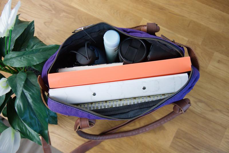 Leconi Schultertasche Henkeltasche Damentasche Handtasche Leder Canvas lila LE0050 Exklusive Angebote