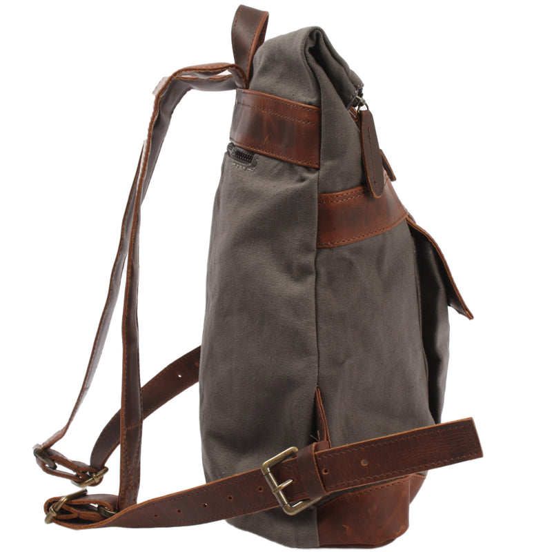 Leconi Roll Top Rucksack Freizeitrucksack Damen Herren Canvas Leder grau LE1035 Neueste Stile