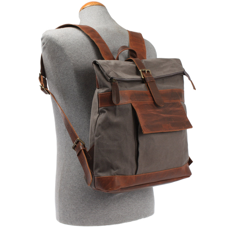 Leconi Roll Top Rucksack Freizeitrucksack Damen Herren Canvas Leder grau LE1035 Neueste Stile