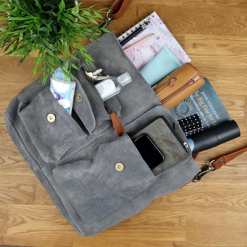 Leconi B-Ware Schultertasche Umhängetasche Ledertasche Veloursleder grau LE0039 50% Rabatt mit kostenlosem Versand