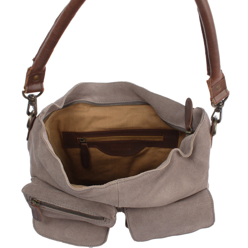 Leconi B-Ware Schultertasche Umhängetasche Ledertasche Veloursleder grau LE0039 50% Rabatt mit kostenlosem Versand