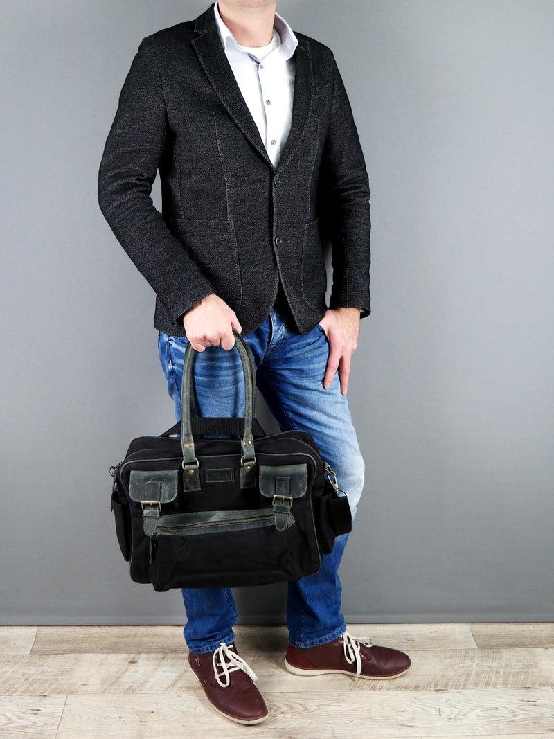 Leconi Aktentasche Arbeitstasche Damen Herren Canvas Leder schwarz LE3038 Outlet