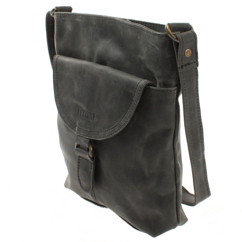 Leconi Umhängetasche Schultertasche Damen Herren Used Look Leder grau LE3072 Fabrikverkauf