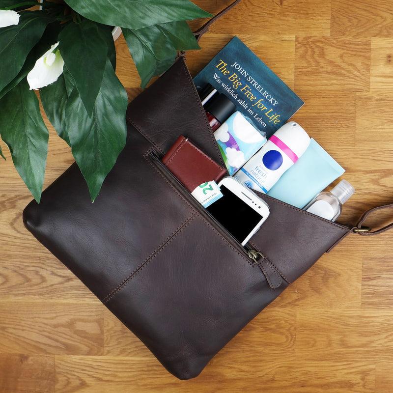 Leconi Schultertasche Damentasche Handtasche Leder dunkelbraun LE0065 Günstig kaufen