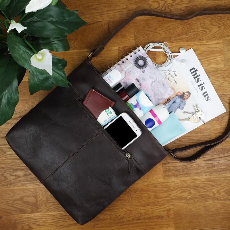 Leconi Umhängetasche Ledertasche Damen Schultertasche Leder dunkelbraun LE0066 Flash Sale