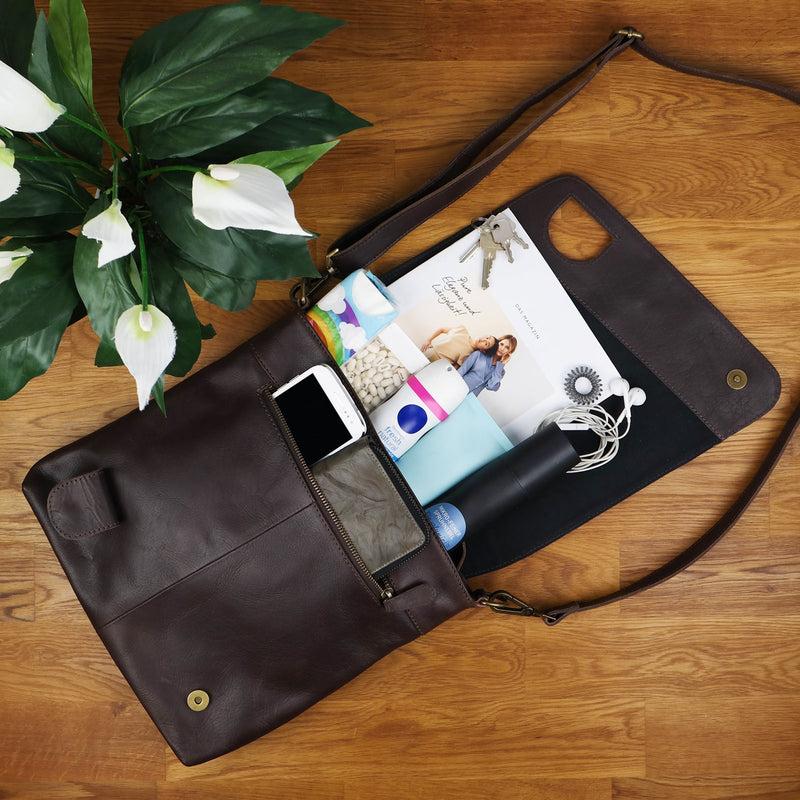 Leconi Umhängetasche Ledertasche Damen Schultertasche Leder dunkelbraun LE3073 Exklusivangebot